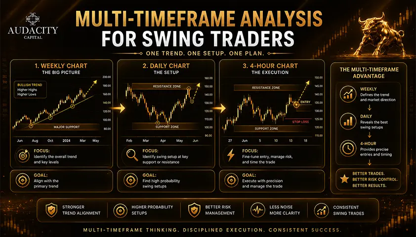 Multi-timeframe analysis for swing traders using weekly, daily, and 4-hour charts