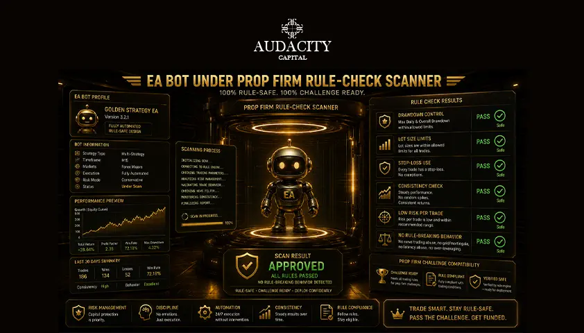 A bot going through a prop firm rule-check scanner