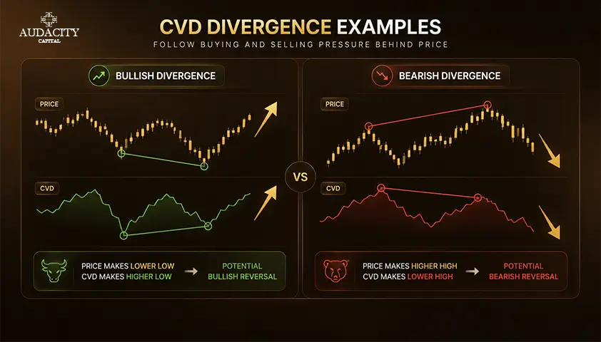 CVD Divergence, Bullish and Bearish