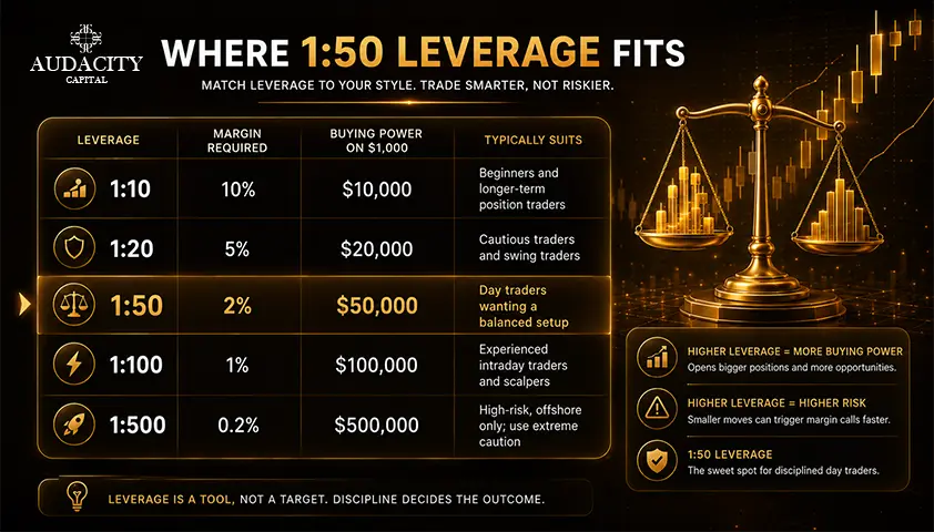 Leverage by trading style: where 1:50 fits