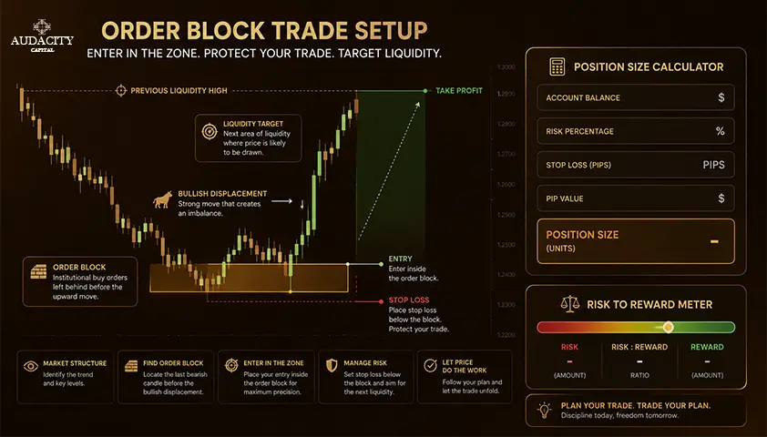 Stop-loss, take-profit, and position sizing for order block trades