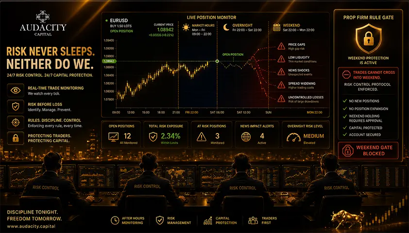 a prop firm risk control room watching trades after market hours